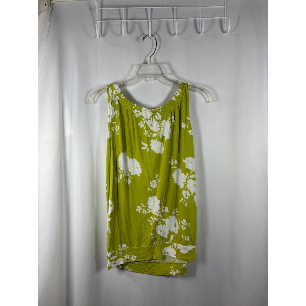 LOFT Outlet Womens Medium‎ Lime Green White Floral Rayon Banded Hem Tank Top